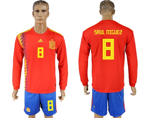 Spain #8 Saul Niguez Red Home Long Sleeves Soccer Country Jersey - Click Image to Close